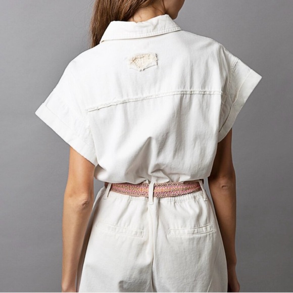 NWOT POL #17 One Piece Jean Jumpsuit Shorts Utility Romper, WHITE and KHAKI - M - Picture 3 of 15